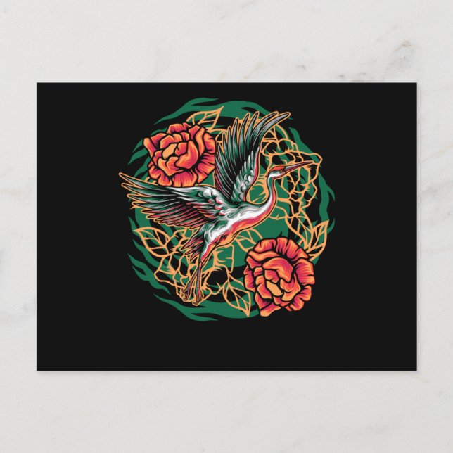 Japanese Flying Cranes with Roses Design Postcard (Front)