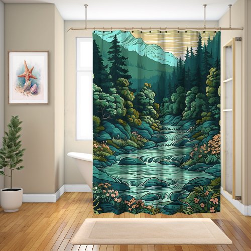 Japanese Forest Landscape Anime Art Style Shower Curtain