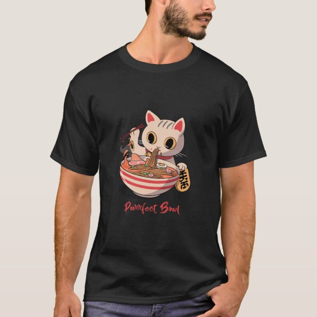 Japanese Fortune Cat Slurping a Purrfect Bowl T-Shirt (Front)