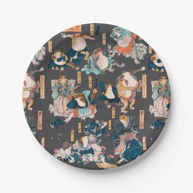 Japanese Frog ukiyo-e Froggies Paper Plates (Front)