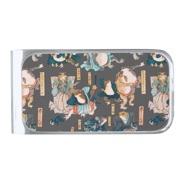 Japanese Frog ukiyo-e Froggies Silver Finish Money Clip (Front)