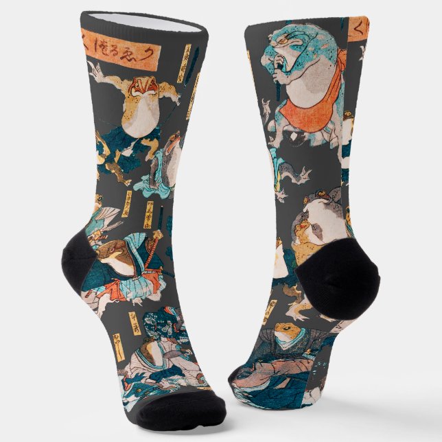 Japanese Frog ukiyo-e Froggies Socks (Angled)