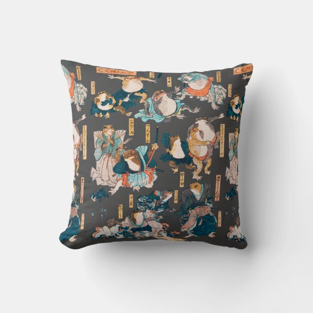 Japanese Frog ukiyo-e Froggies Throw Pillow (Front)