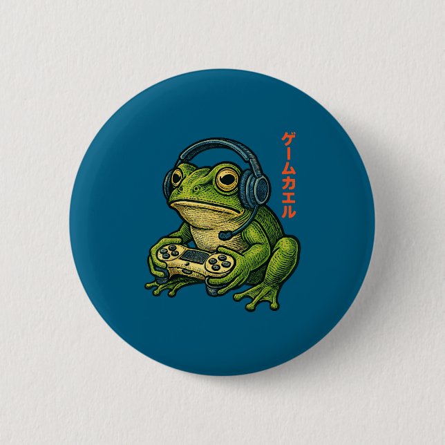Japanese Gamer Frog Art Men Women Boys Funny Vinta Button (Front)