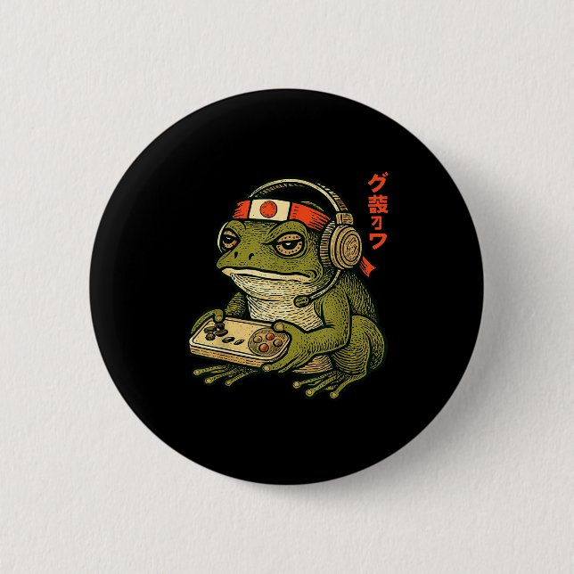 Japanese Gamer Frog Art Men Women Boys Funny Vinta Button (Front)