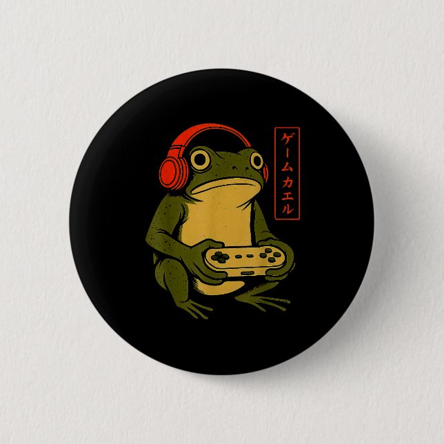 Japanese Gamer Frog Art Men Women Boys Funny Vinta Button (Front)