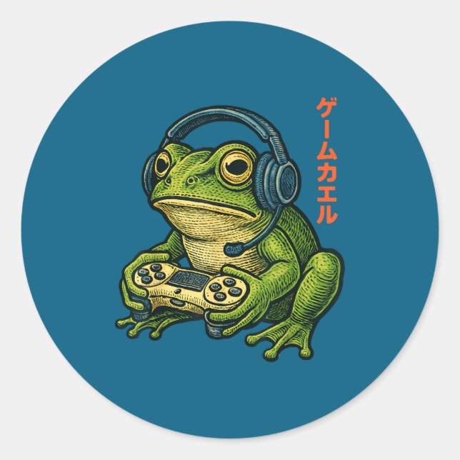 Japanese Gamer Frog Art Men Women Boys Funny Vinta Classic Round Sticker (Front)