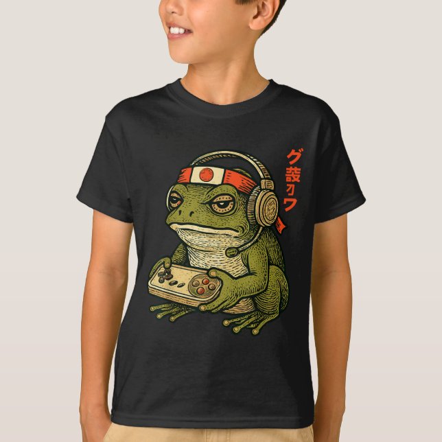 Japanese Gamer Frog Art Men Women Boys Funny Vinta T-Shirt (Front)