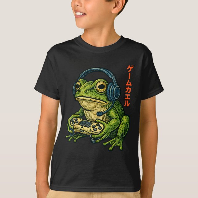 Japanese Gamer Frog Art Men Women Boys Funny Vinta T-Shirt (Front)