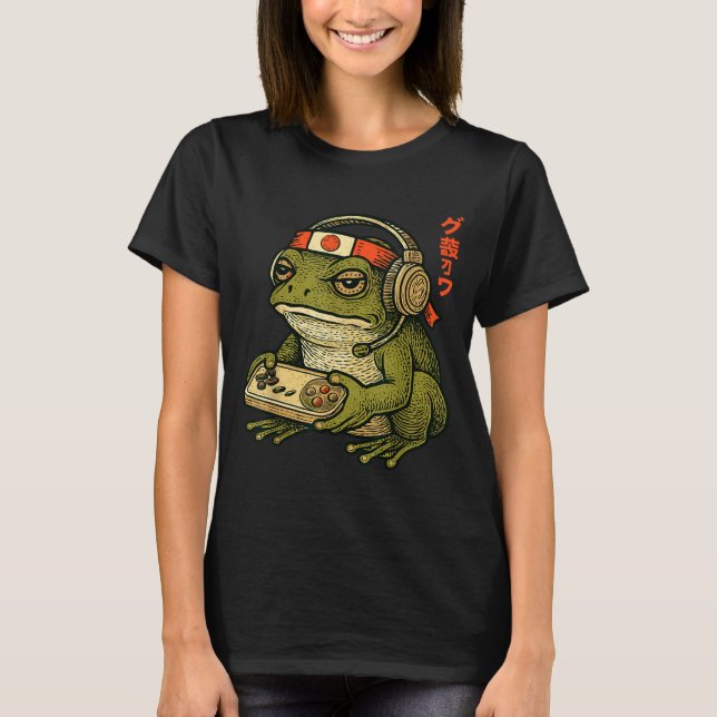 Japanese Gamer Frog Art Men Women Boys Funny Vinta T-Shirt (Front)