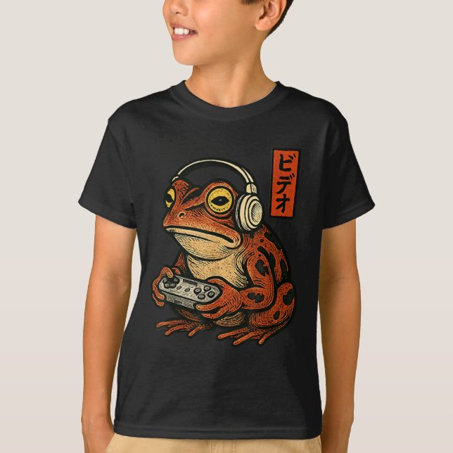 Japanese Gamer Frog Art Men Women Boys Funny Vinta T-Shirt (Front)