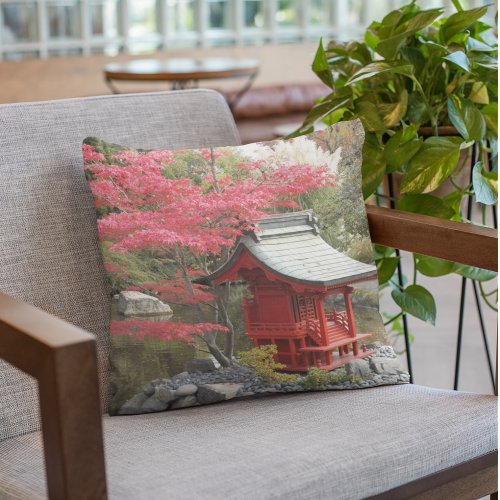 Japanese Garden Autumn Scene Throw Pillow