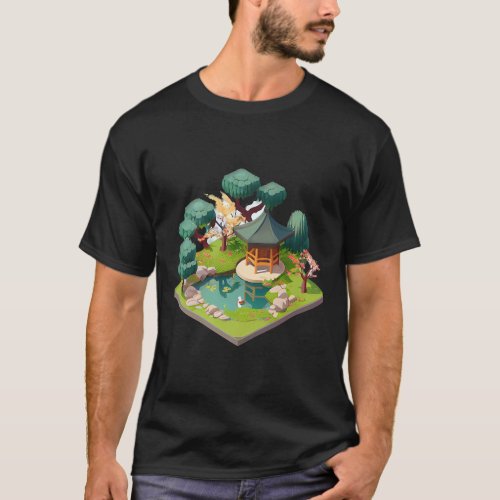 Japanese Garden Bonsai Tree Pond Shrine isometric  T_Shirt