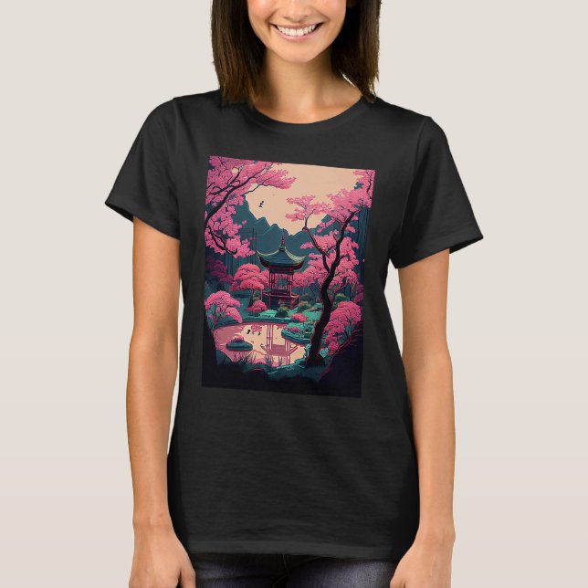 Japanese garden Cherry Blossom bridge shrine pink  T-Shirt (Front)