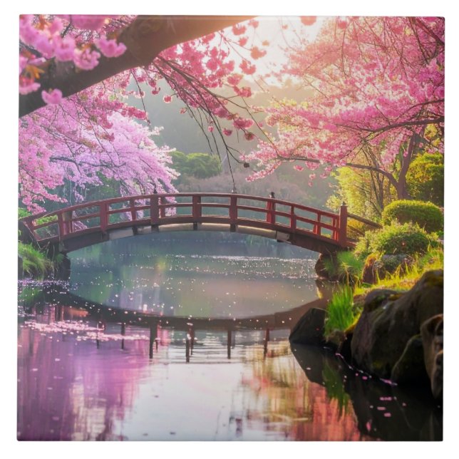 Japanese Garden, Cherry Blossom Season. Ceramic Tile (Front)