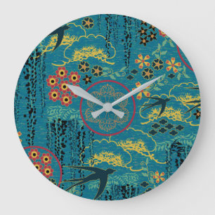 Japanese Garden in Teal Large Clock