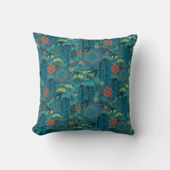 Japanese Garden in Teal Throw Pillow (Front)