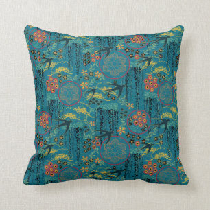 Japanese Garden in Teal Throw Pillow