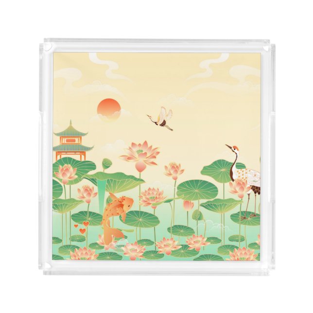 Japanese Garden Koi Pond and Waterlilies Art Acrylic Tray (Front)