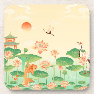 Japanese Garden Koi Pond and Waterlilies Art Beverage Coaster