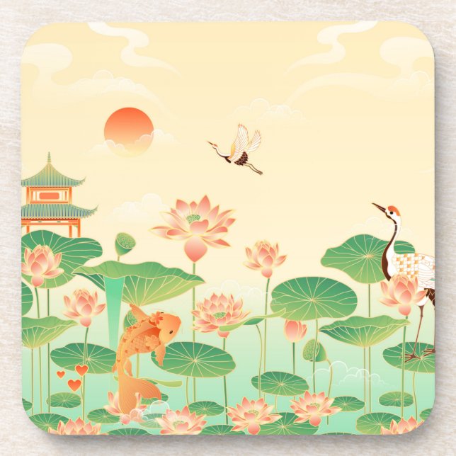 Japanese Garden Koi Pond and Waterlilies Art Beverage Coaster (Front)