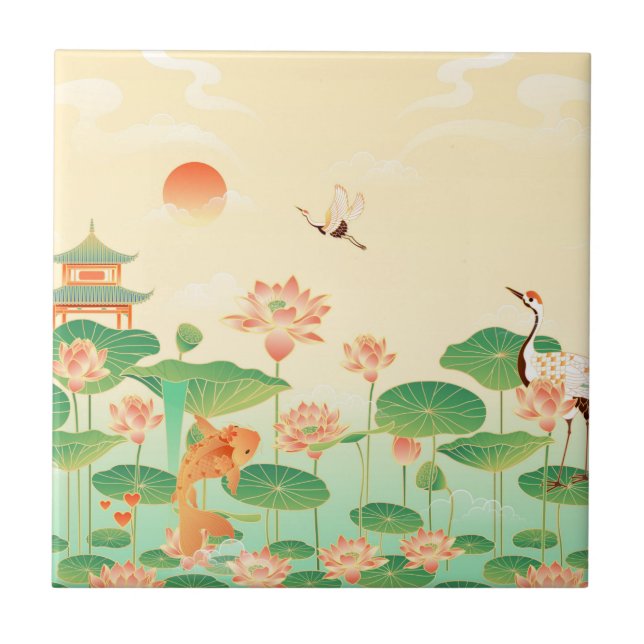 Japanese Garden Koi Pond and Waterlilies Art Ceramic Tile (Front)