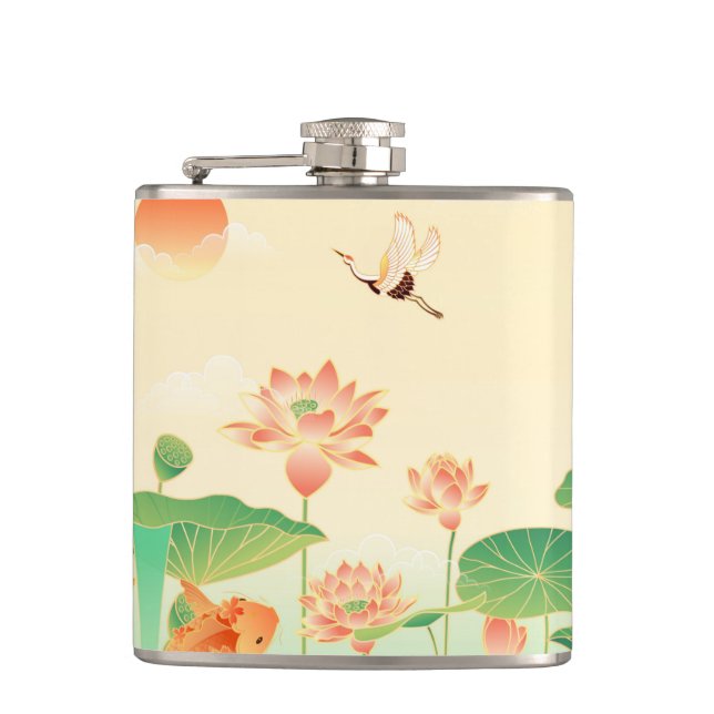 Japanese Garden Koi Pond and Waterlilies Art Flask (Front)