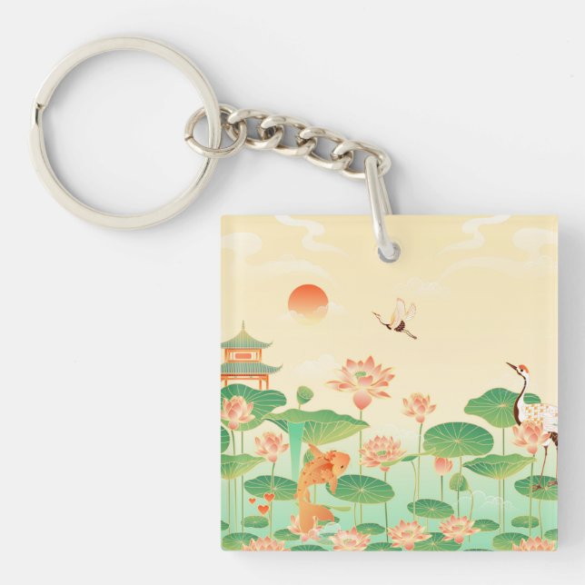 Japanese Garden Koi Pond and Waterlilies Art Keychain (Front)