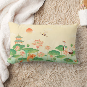 Japanese Garden Koi Pond and Waterlilies Art Lumbar Pillow
