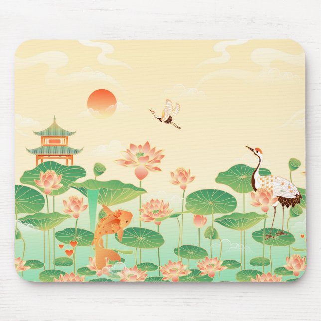 Japanese Garden Koi Pond and Waterlilies Art Mouse Pad (Front)