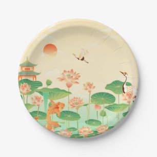 Japanese Garden Koi Pond and Waterlilies Art Paper Plates