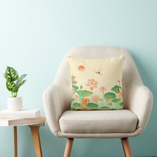 Japanese Garden Koi Pond and Waterlilies Art Throw Pillow