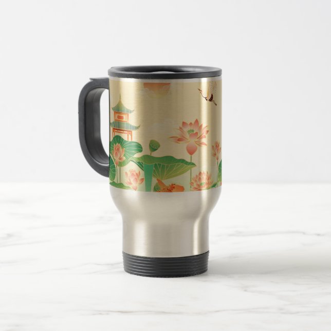 Japanese Garden Koi Pond and Waterlilies Art Travel Mug (Front Left)