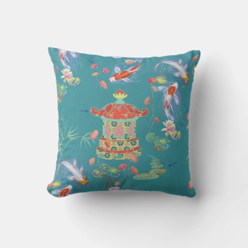 Japanese Garden Koi Pond in Teal Pillow