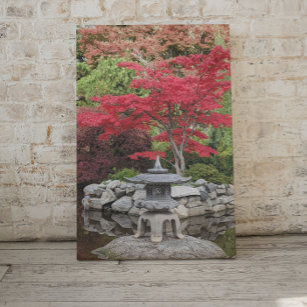 Japanese Garden Lantern and Red Maple Leaves Canvas Print
