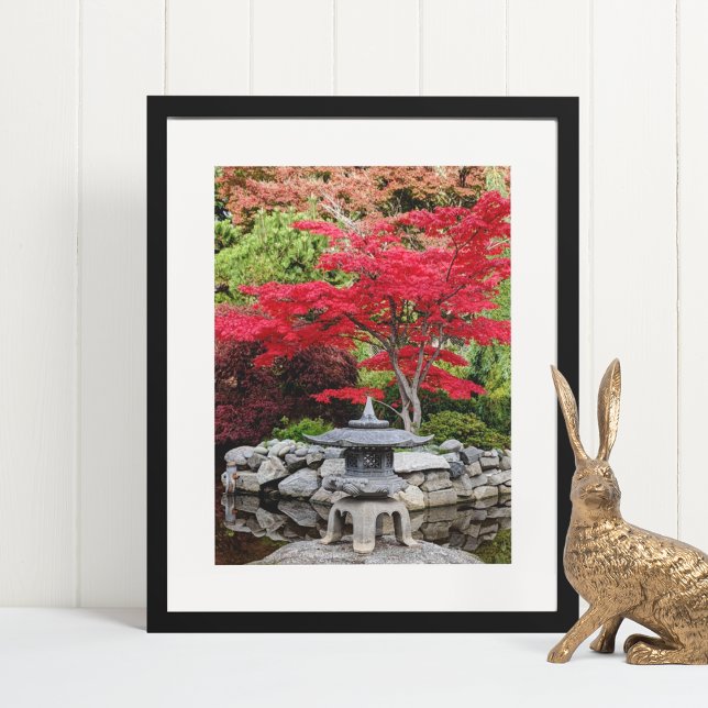 Japanese Garden Lantern and Red Maple Leaves Framed Art (In Situ Framed)