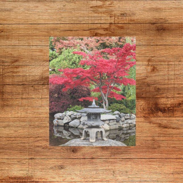 Japanese Garden Lantern and Red Maple Leaves Metal Print (In Situ)