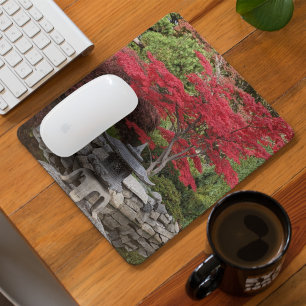 Japanese Garden Lantern and Red Maple Leaves Mouse Pad