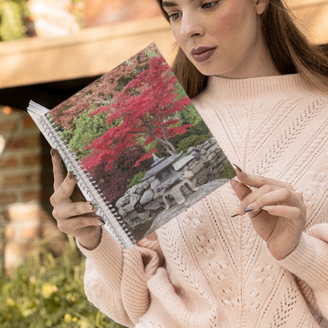 Japanese Garden Lantern and Red Maple Leaves Notebook (In Situ)