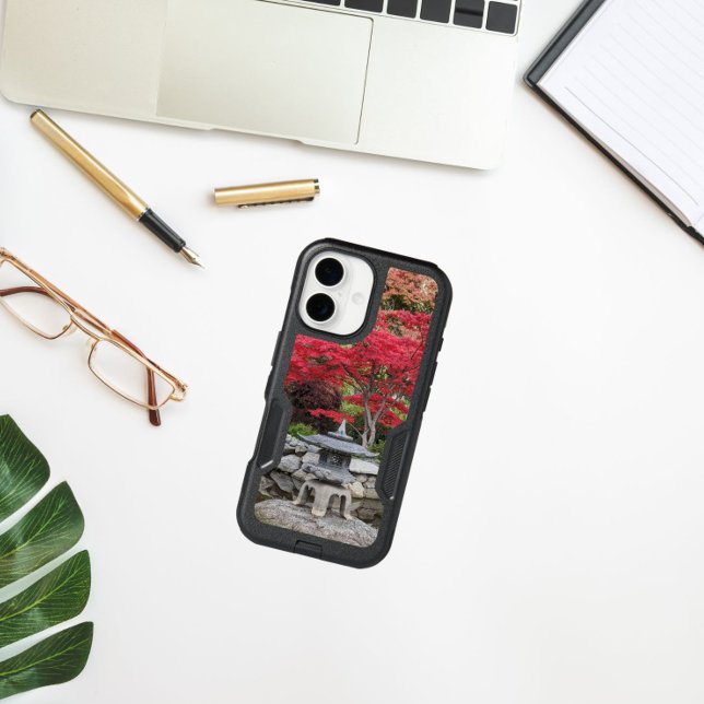 Japanese Garden Lantern and Red Maple Leaves Otterbox iPhone Case (In Situ)