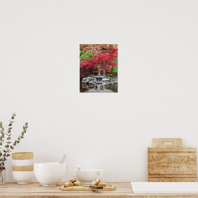 Japanese Garden Lantern and Red Maple Leaves Poster (Kitchen)