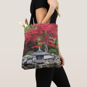 Japanese Garden Lantern and Red Maple Leaves Tote Bag