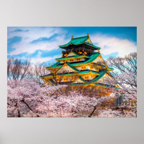 Japanese Garden Pagoda And Sakura In Osaka Japan Poster