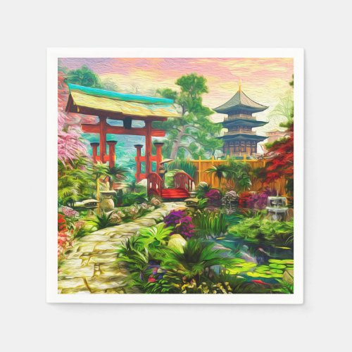 Japanese Garden Pagoda Sakura And Waterfall Napkins