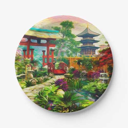 Japanese Garden Pagoda Sakura And Waterfall Paper Plates