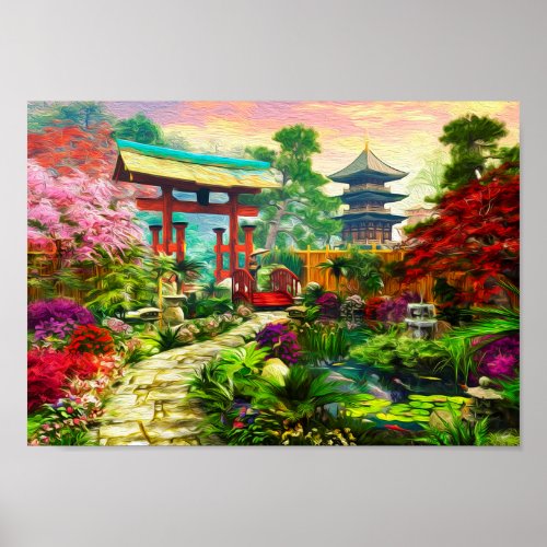 Japanese Garden Pagoda Sakura And Waterfall Poster