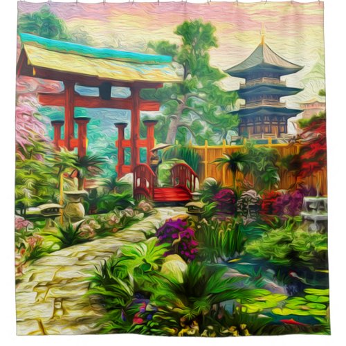 Japanese Garden Pagoda Sakura And Waterfall Shower Curtain