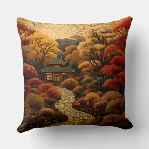 Japanese Garden Path with Blossoming Cherry Trees Throw Pillow