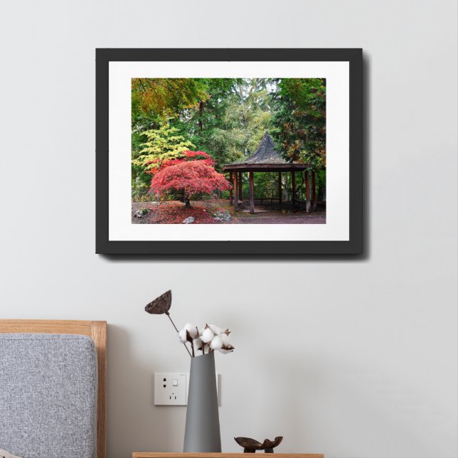 Japanese Garden Pavilion and Autumn Leaves Framed Art (Bedside)
