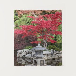 Japanese Garden Pond Lantern and Red Leaves Photo Tapestry